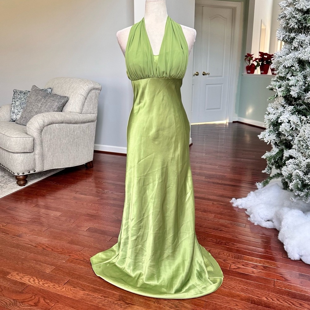 Vintage Betsy & Adam Light Green Satin Halter Plunge Gown Dress Size 8